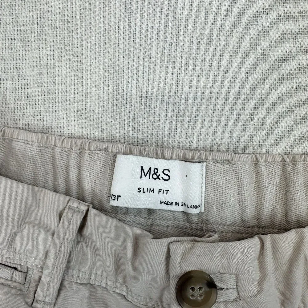 M&S Marks Spencer Slim Fit Chino Pants Mens 30 Ecru Beige Cotton Casual